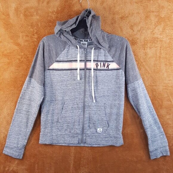 VICTORIAS SECRET PINK Womens Sweatshirt Small Gray Hoodie Marled Zip Up Logo - Picture 1 of 8